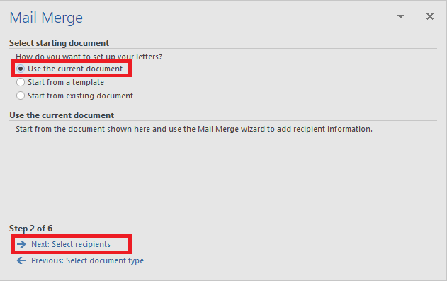 Tiếp tục bạn chọn mục Use the current document và chọn Next.